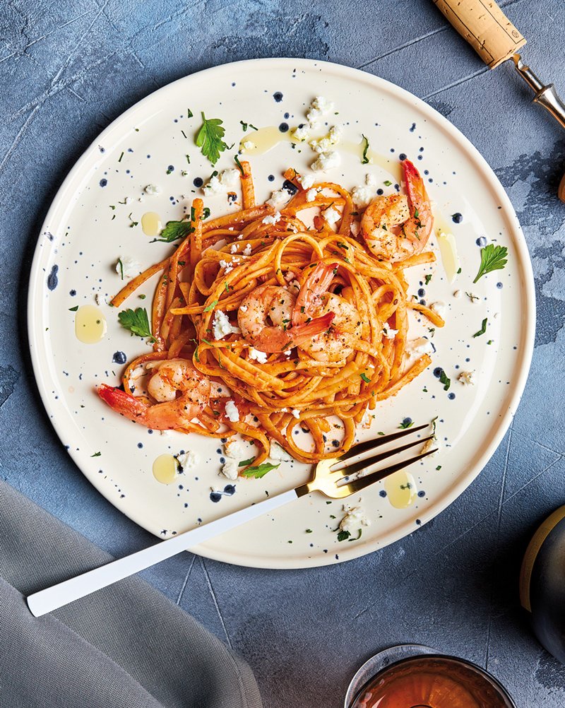 Linguine Feta with shrimps